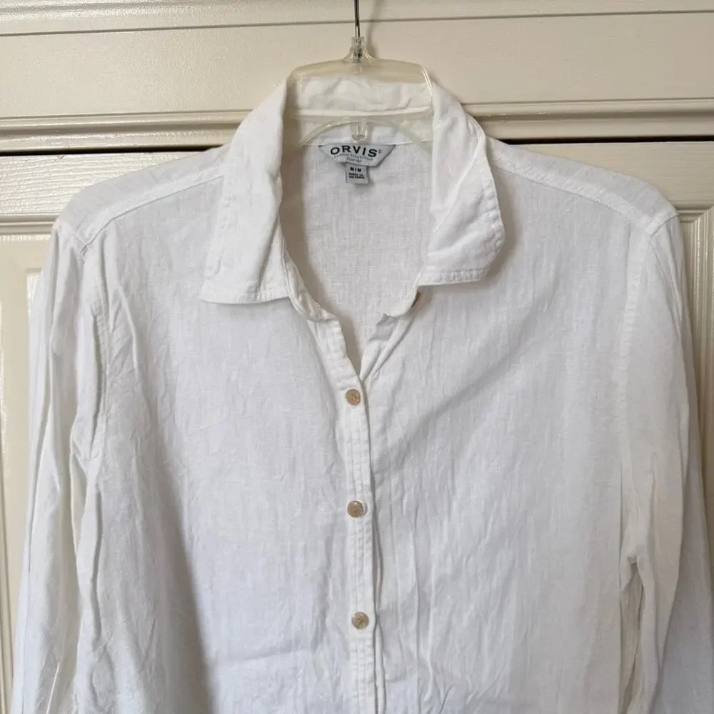 Orvis White Linen Button Down Shirt Women's Size Medium